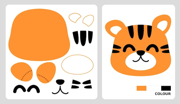 Tiger head patterns for applique patchwork and paper crafts in cut and paste puzzle patterns