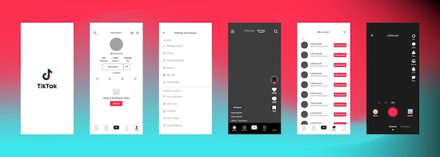 Tik Tok interface Tik Tok screen social media social network interface template Homepage loading recommendations subscription profile Stream stories liked Gradient background Editorial