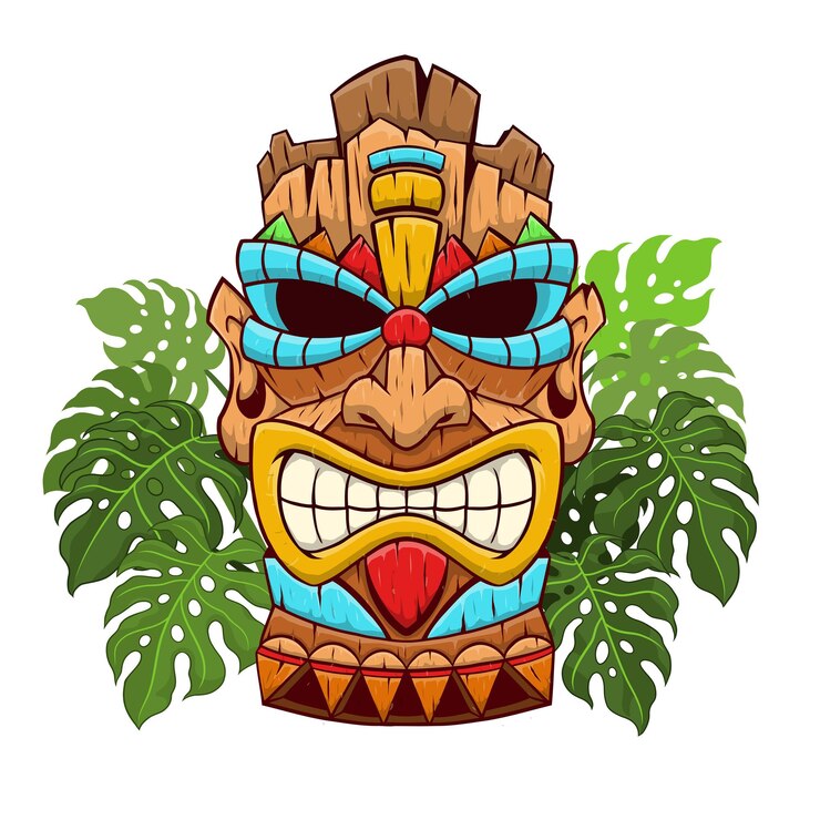 Vektör tiki mask god with tropical monstera leaves