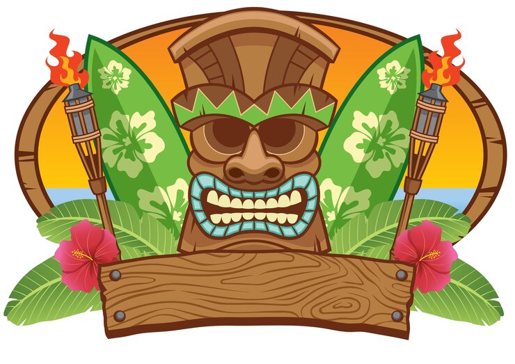 Vektör tiki mask with surfing board flat illustration
