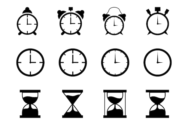 Time and clock vector Set of black clock alarm clock and hourglass