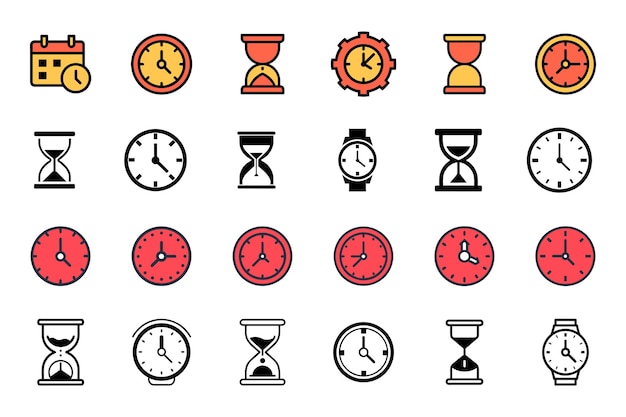 Time clock silhouette icon set isolated with flat outline vector illustration