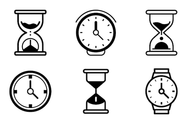 Time clock silhouette icon set isolated with flat outline vector illustration