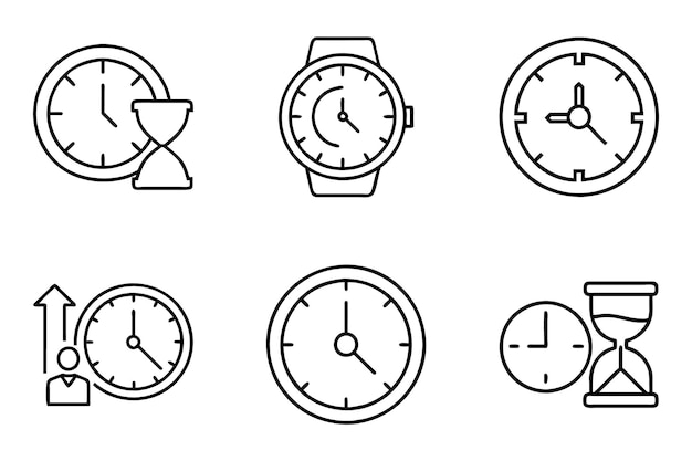 Time clock silhouette icon set isolated with flat outline vector illustration
