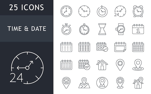 Time date and address concept editable stroke outline icons set isolated on white background