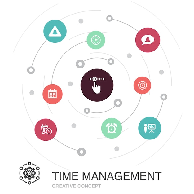 Time Management colored circle concept with simple icons. Contains such elements as efficiency, reminder, calendar, planning