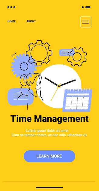 Time management concept with gears clock woman calendar minimalist doodle style yellow background