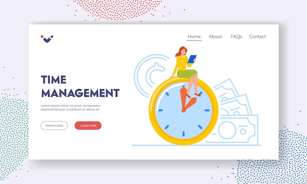 Time Management Landing Page Template Confident Businesswoman Sitting on Huge Clock with Tablet Pc in Hands