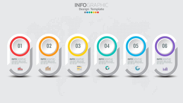 Timeline infographics template with 6 elements workflow process chart.