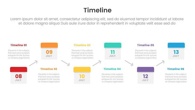 timeline set of point infographic with date calendar box linked arrow up and down with 6 point for slide presentation template
