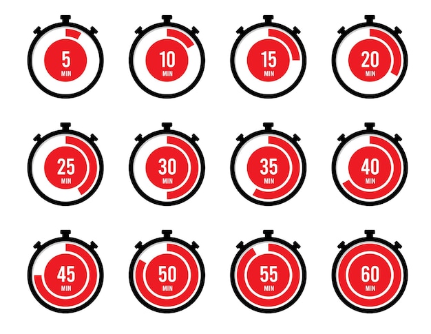 Timer, clock, stopwatch isolated set icons. Countdown 10, 20, 30, 40, 50, 60 minutes.