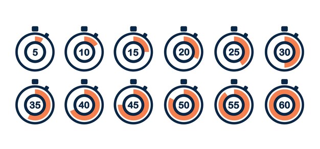 Timer icons on a white background. Countdown in the form of a stopwatch.