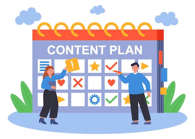 tiny content creators planning marketing strategy with calendar. campaign plan, brand development flat vector illustration. social media, communication, advertising concept for banner, website design