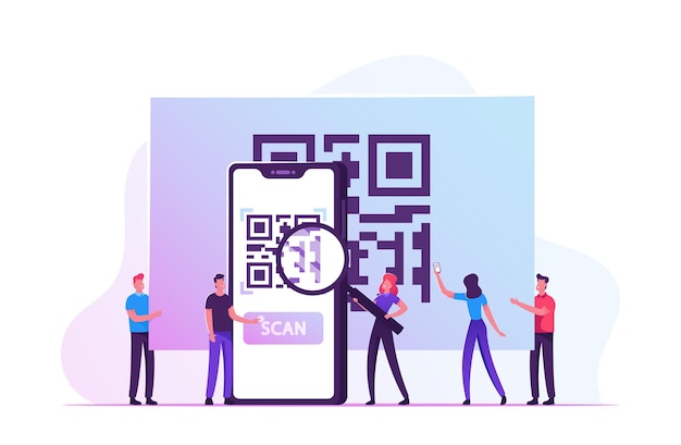 Tiny Male and Female Characters Stand at Huge Smartphone Looking at Qr Code on Screen through Magnifying Glass.