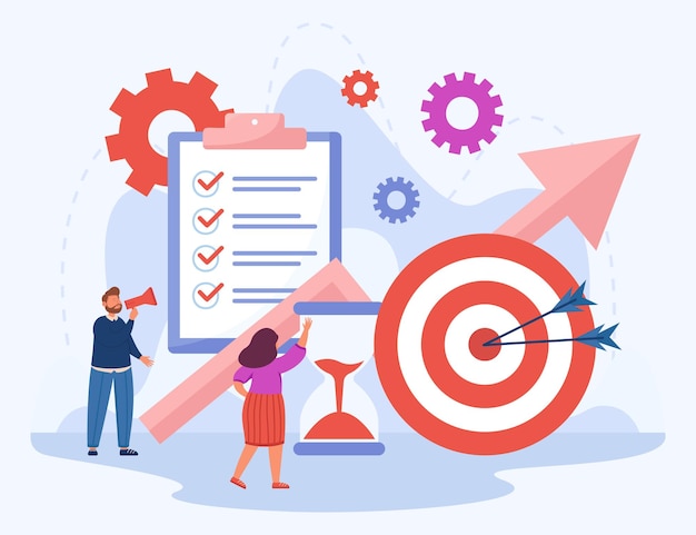 tiny people with checklist, sand clock, increasing line, target. productive man and woman achieving goals by time management, self-discipline flat vector illustration. development concept