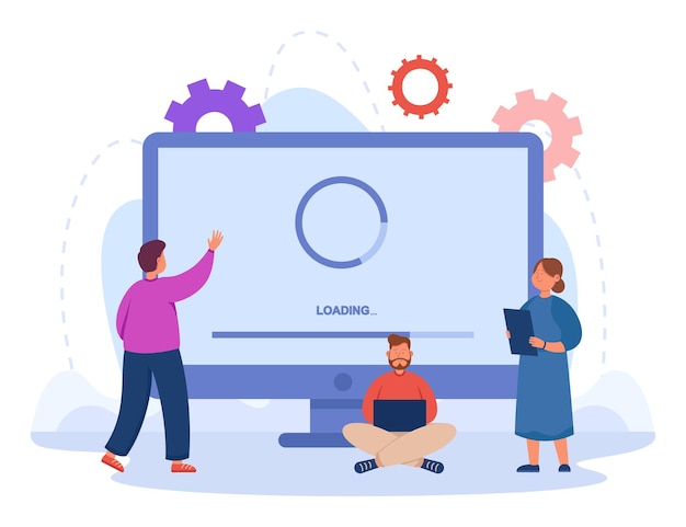 Tiny programmers waiting for computer to load. People updating software, program or operation system, application or app flat vector illustration. Technical upgrade concept