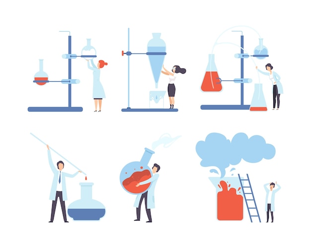 tiny scientists working in laboratory set researcher characters working with lab scientific equipment flat vector illustration