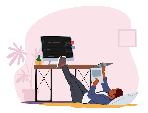 tired overworked worker business character lying on floor near office desk looking movie on laptop postpone work emotional burnout employee laziness at working place cartoon vector illustration