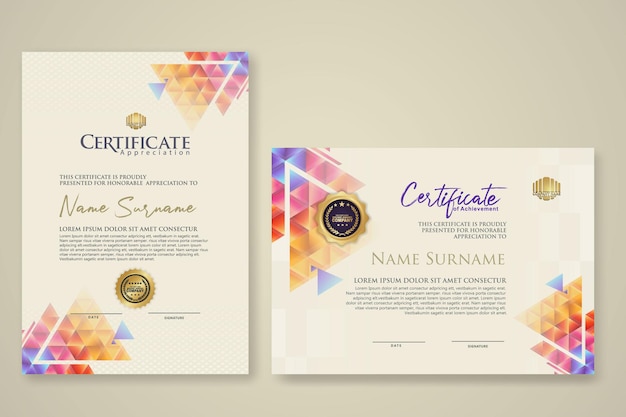 To sæt certifikatskabeloner med dynamisk og futuristisk polygonal farve og moderne baggrund