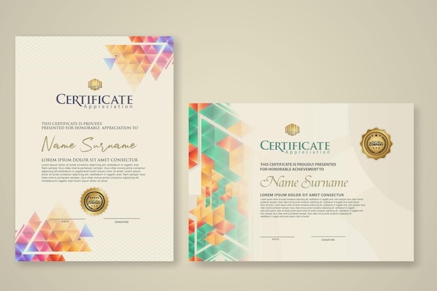 To sæt certifikatskabeloner med dynamisk og futuristisk polygonal farve og moderne baggrund