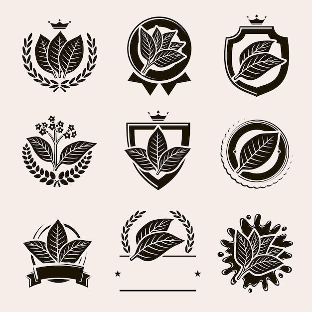 tobacco leaf label and icons set vector