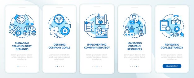 Top management tasks onboarding mobile app page screen with concepts