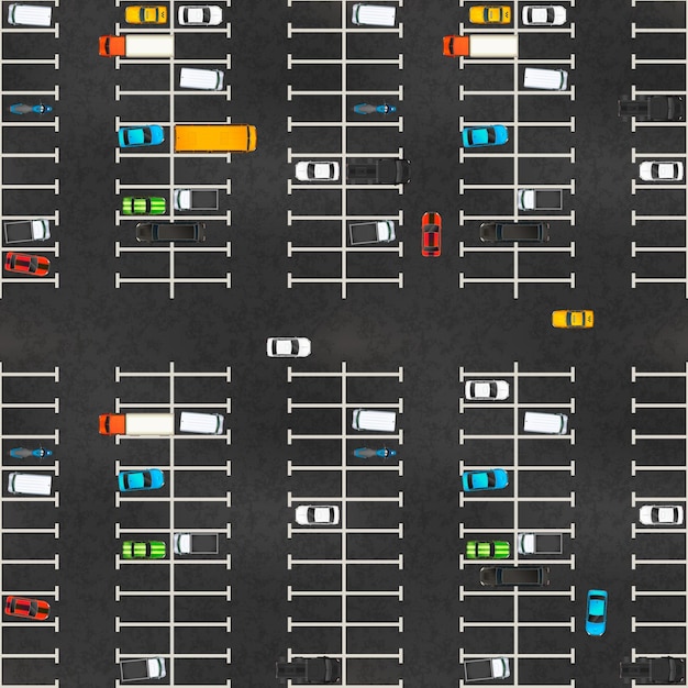 Top view of big parking with lots of realistic glossy cars on asphalt