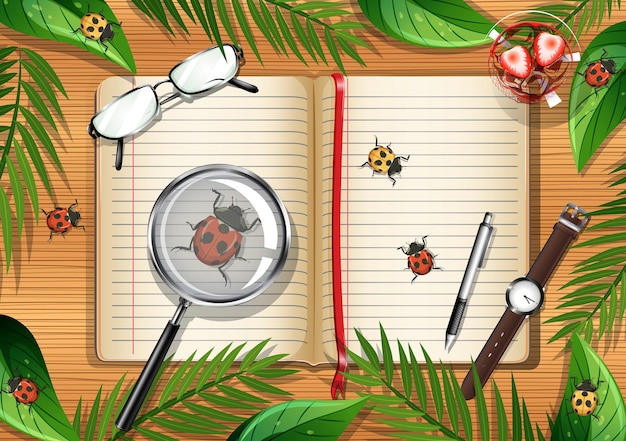 top view of wooden table with office objects and leaves and insects element