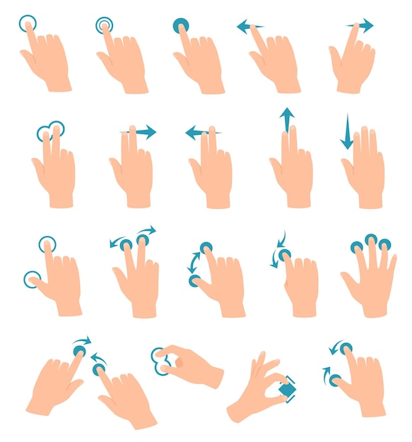 Touch screen gestures Tablet or smartphone hand swipe touch click zoom icon vector set