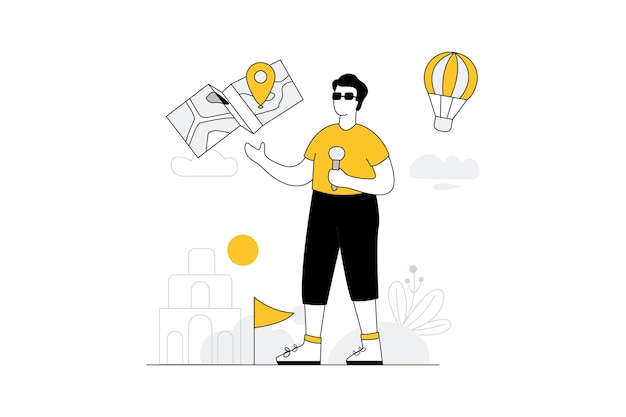 Tour Guide and Map Vector characters line