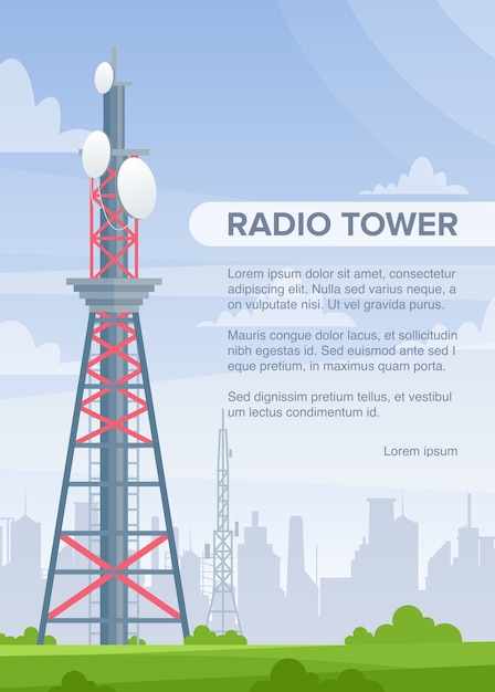 Tower radio poster template Telecommunication informational banner layout with text space
