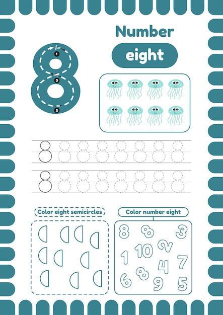 Trace number eight Activity page with many exercises for kids coloring figures