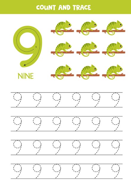 Trace numbers Number 9 nine Cute cartoon chameleons