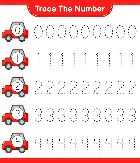 Trace the number. Tracing number with Car. Educational children game, printable worksheet, vector illustration