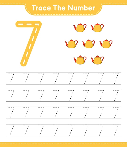 Trace the number Tracing number with Teapot Educational children game printable worksheet vector illustration