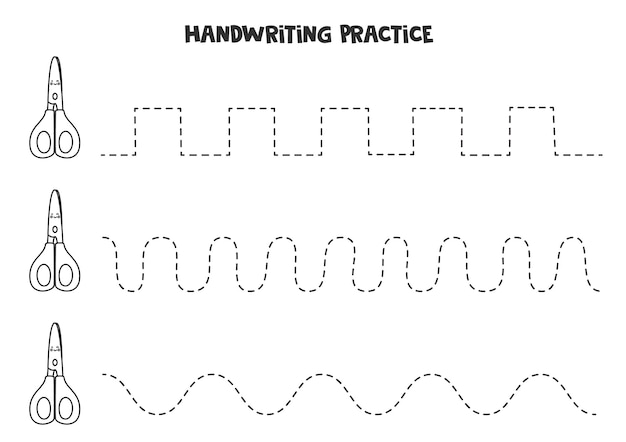 Tracing lines with cute black and white scissors. Writing practice.