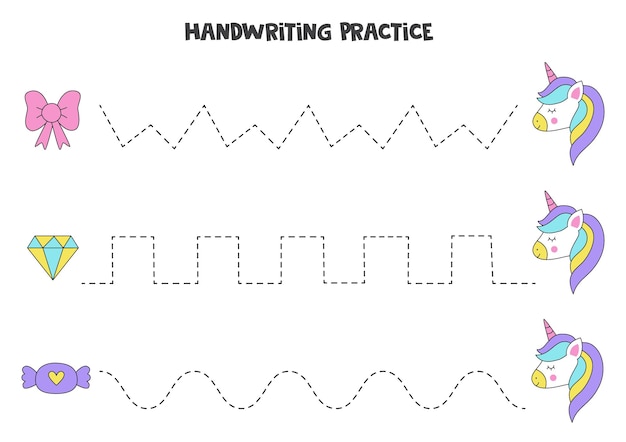 Tracing lines with cute unicorn elements. Writing practice.