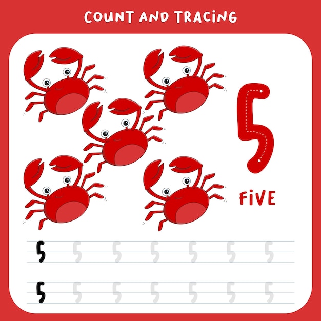 tracing numbers worksheet number five with crab