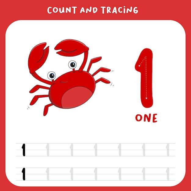 tracing numbers worksheet number one with crab