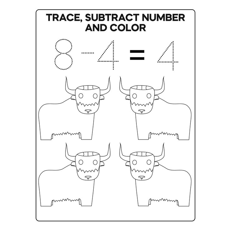 Vektör tracing subtract number and color page for kids printable premium vector