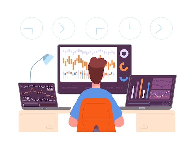 Trader Professional broker looking screen of finance trading international traders companies data analysis selling investment exchange currency splendid vector illustration