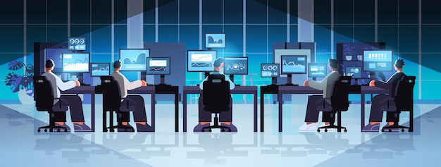 Tradere, team, aktiemægler, der analyserer diagrammer og kurser på computerskærme på arbejdspladser. Moderne kontorinteriør i fuld længde. Horisontal vektorillustration