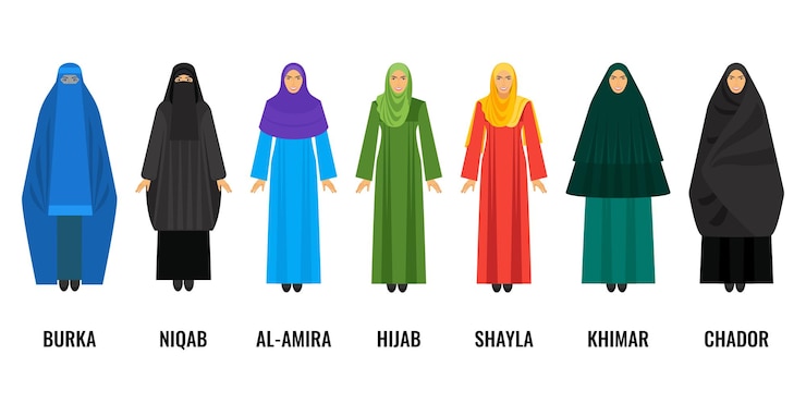 Vektör traditional arabic women clothing. blue burqa, black niqab, purple al-amira, green huab, yellow shayla, emerald khimar and dark chador vector illustration