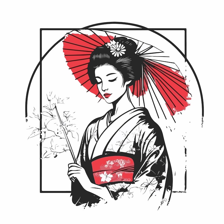 Vektör traditional handdrawn sketch of japanese woman in kimono