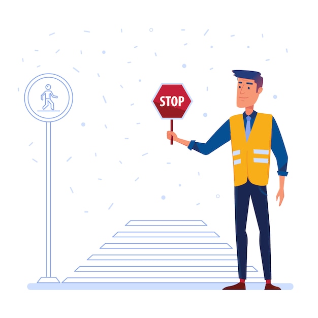 Traffic security guard with stop sign in front of the crosswalk.