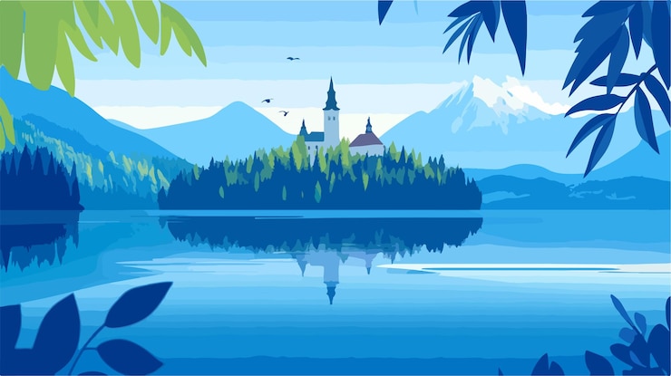Vektor tranquil lake bled and bled castle in slovenia vector illustration