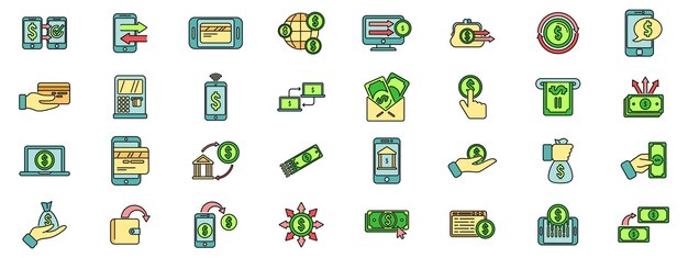 Transfer money icons set vector color line