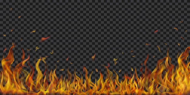 Translucent fire flames and sparks on transparent background. For used on dark illustrations. Transparency only in vector format