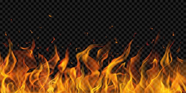 Translucent fire flames and sparks on transparent background For used on dark illustrations
