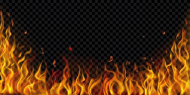 Translucent fire flames and sparks on transparent background